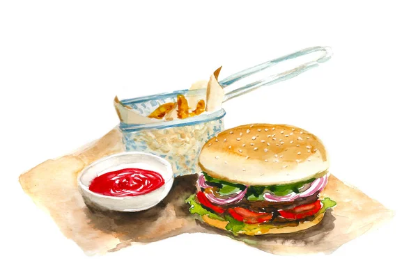 Burger aquarelle avec frites de pommes de terre et cetchup — Photo