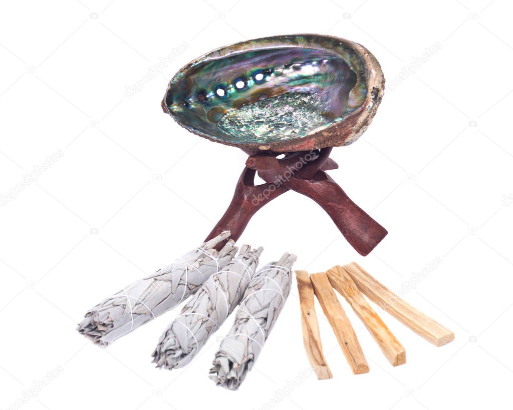 Sage smudge stick, rainbow abalone shell and palo santo smudging sticks