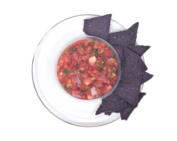 Salsa pico de gallo e tortilla de milho azul chips — Fotografia de Stock