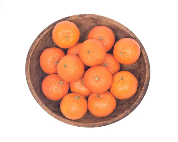 Ripe organic clementines in wooden bowl — Stock Photo, Image