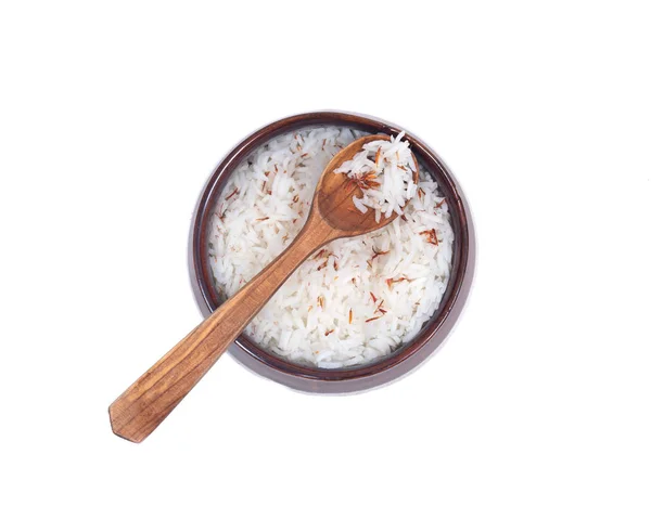 Kokt ris i keramikskål med saffran — Stockfoto