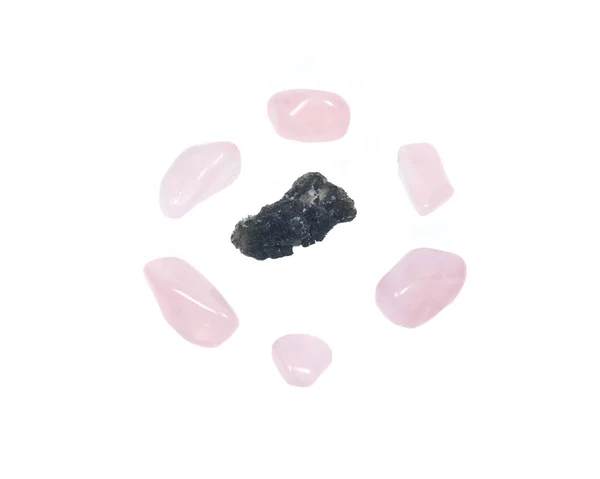 Moldavite - forma de tektite e quartzo rosa — Fotografia de Stock