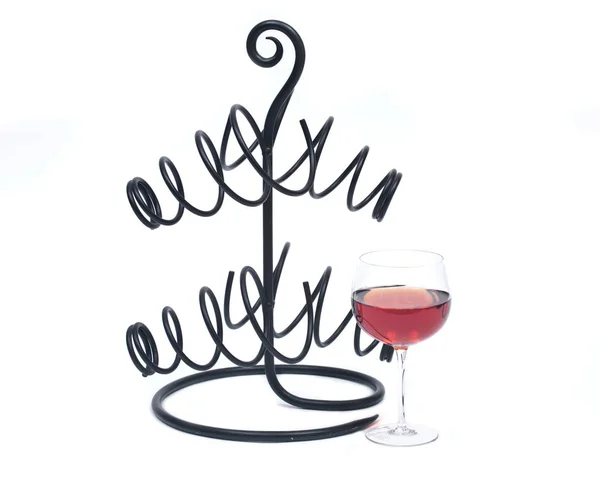Κρασί στο γυαλί και το μέταλλο κάτοχος μπουκάλι κρασί κόκκινο ρόδι — Φωτογραφία Αρχείου