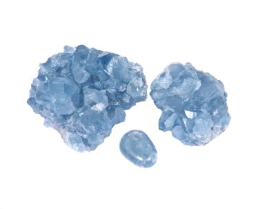 Blue celestite cluster and polished celestite palm stone clipart