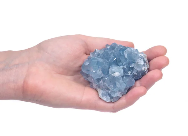 여자의 손을 잡고 블루 celestite 클러스터 — 스톡 사진