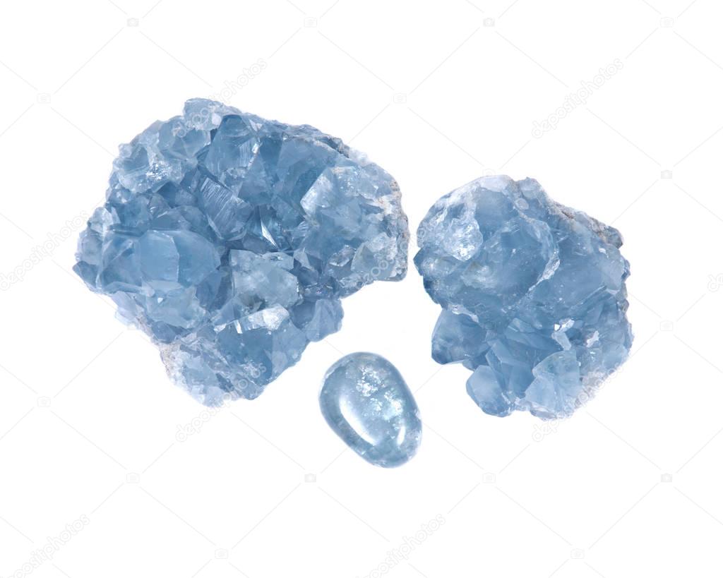 Blue celestite cluster and polished celestite palm stone
