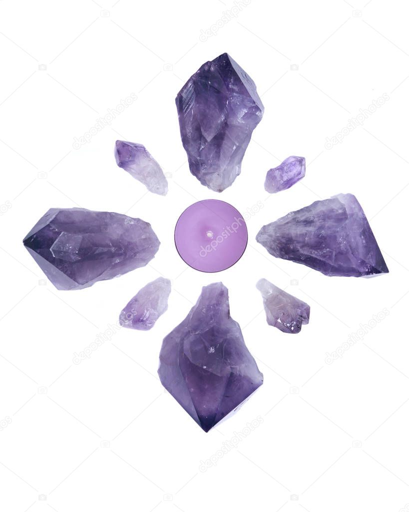 Lavender tea light surrounded by amethyst points
