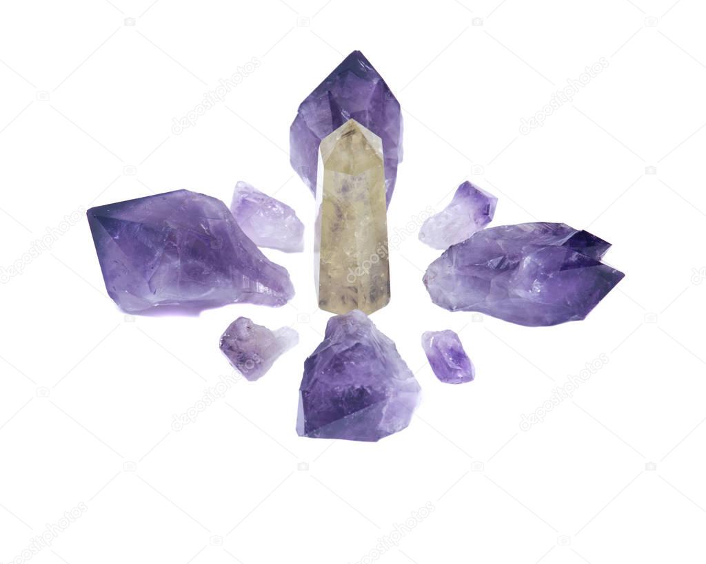Amethyst natural points and citrine polished point arranged in crystal grid