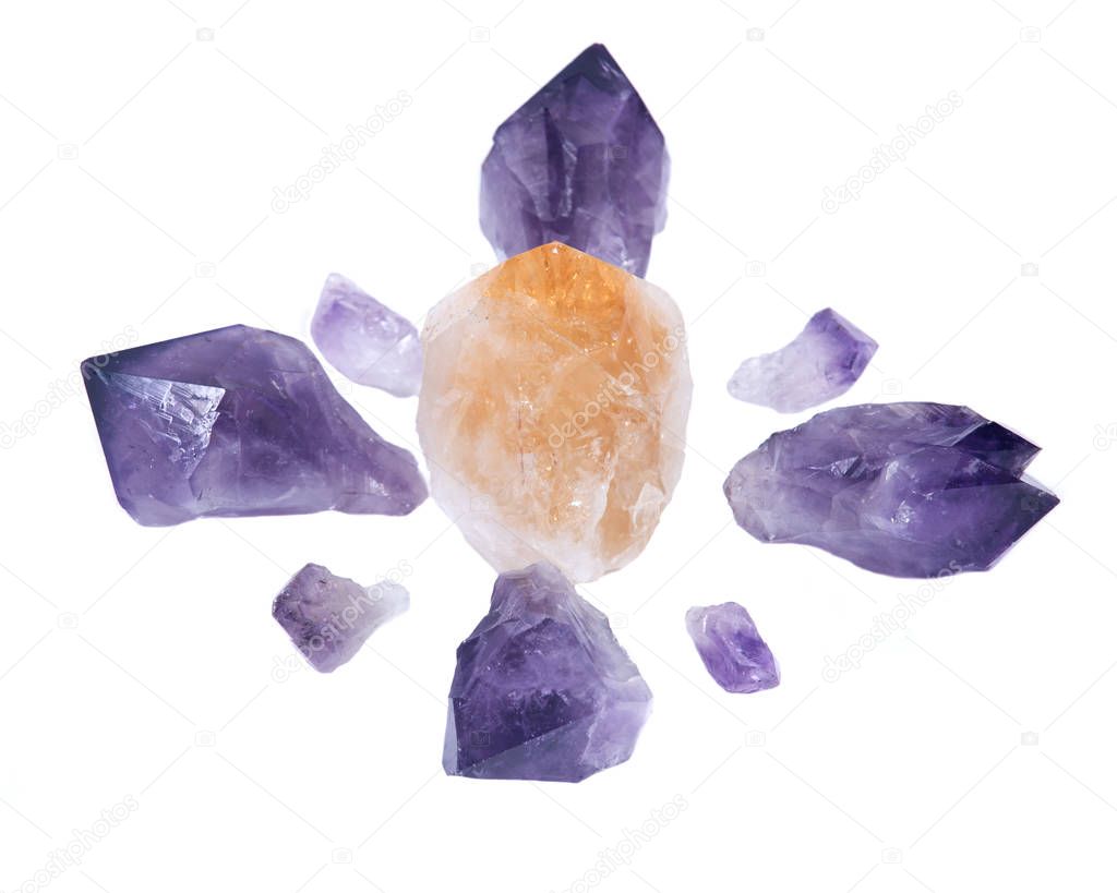 Amethyst and citrine natural points arranged in crystal grid