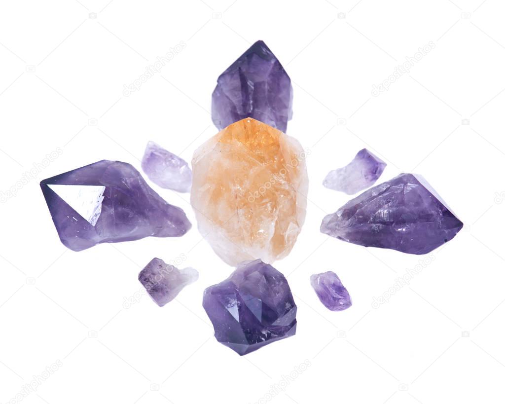 Amethyst and citrine natural points arranged in crystal grid