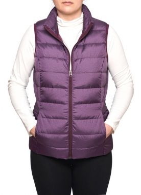 Young woman wearing dark plum down vest isolated on white background clipart