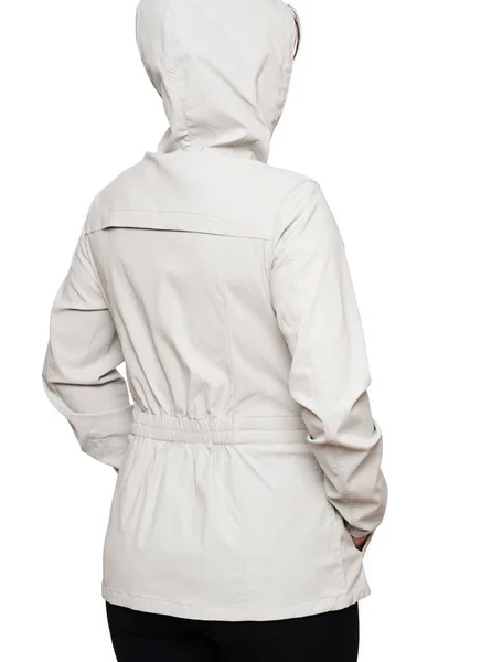 Fiatal Visel Bézs Eső Kabát Elszigetelt Fehér Background — Stock Fotó