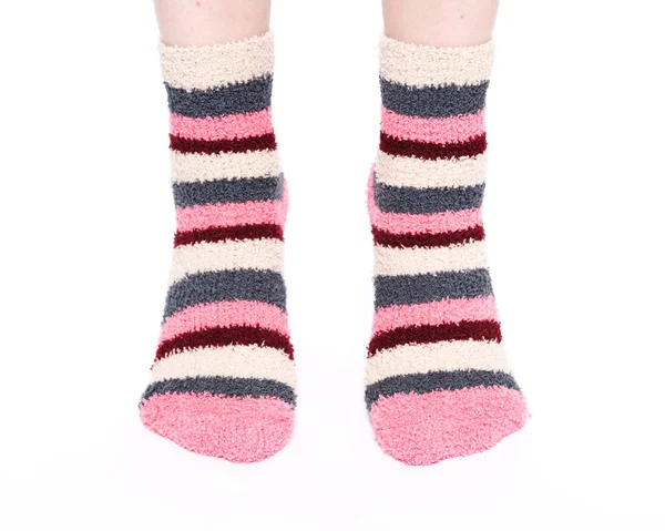 Multicolor Vrouwen Fuzzy Ankle Sokken Met Strepen Geïsoleerd Witte Achtergrond — Stockfoto