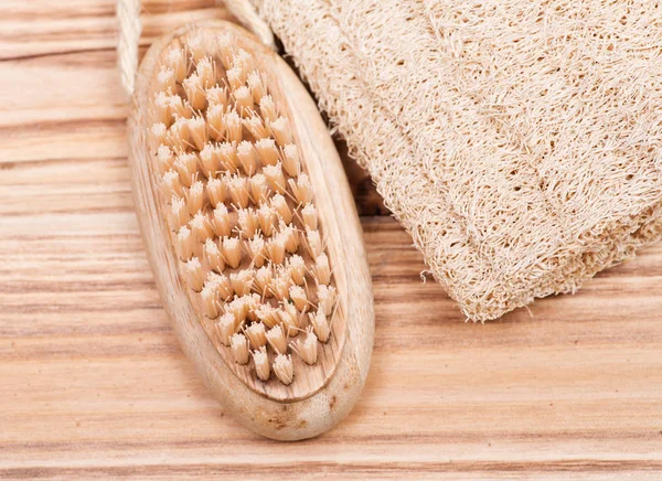 Natuurlijke Bristle Hand Nagel Houten Borstel Loofah Spons Houten Vintage — Stockfoto