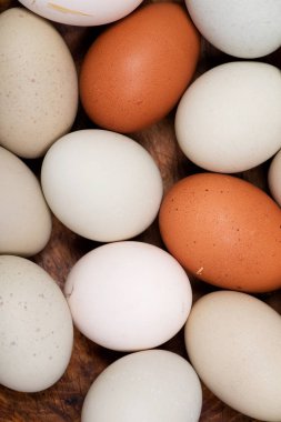 Yıkanmamış taze organik GDO ve soya ücretsiz arka plan sanat gibi ahşap kase yükseltilmiş tavuk yumurtası çayıra