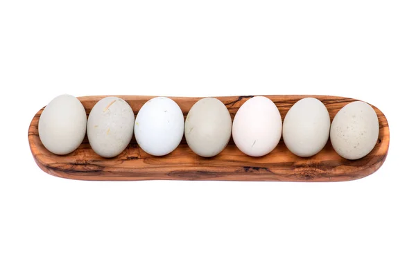 Немытые Свежие Органические Гмо Соевый Пастбище Поднял Куриные Яйца Деревянной — стоковое фото
