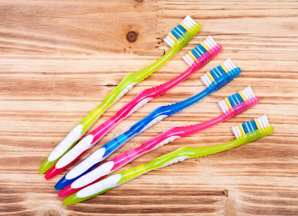 Colorful Plastic Toothbrush Wooden Vintage Background — Stock Photo, Image