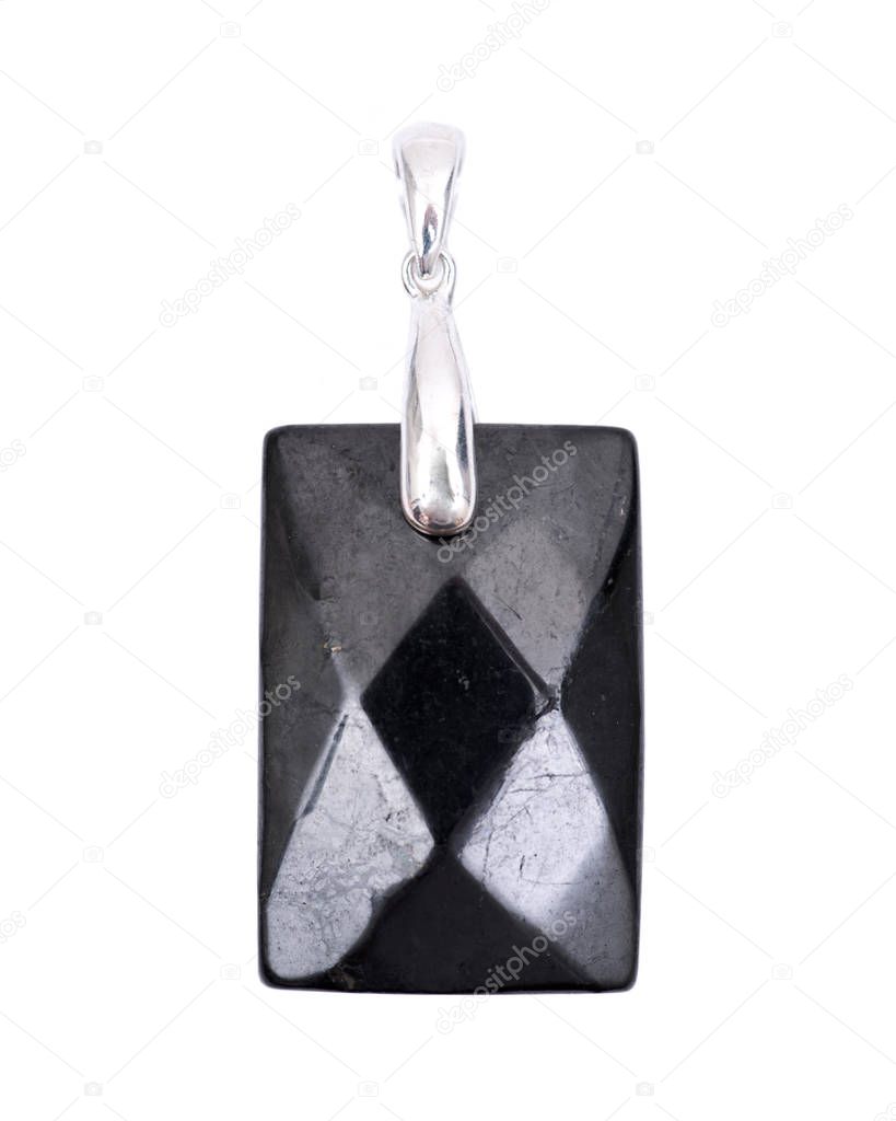 Rectangular shungite pendant with a faceted face from Russia isolated on white background