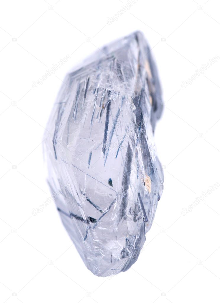 Blue quartz point with tourmaline inclusions from Brazil isolated on white background