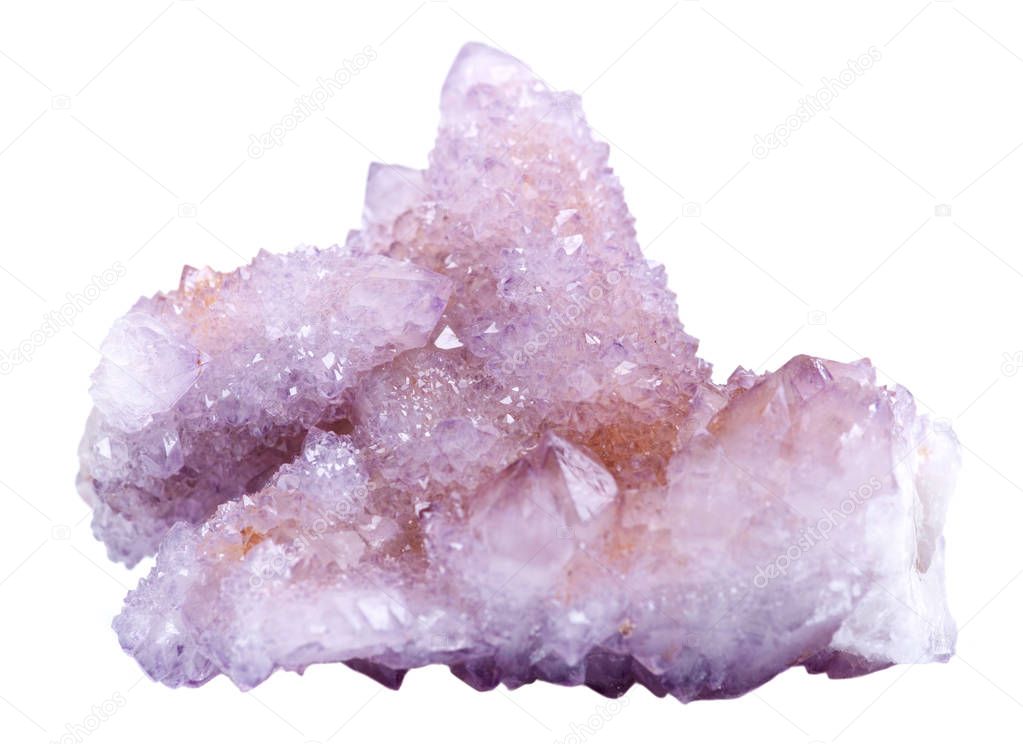 Pretty Sparkle Amethyst Spirit Quartz cluster from South Africa, isolated on white background