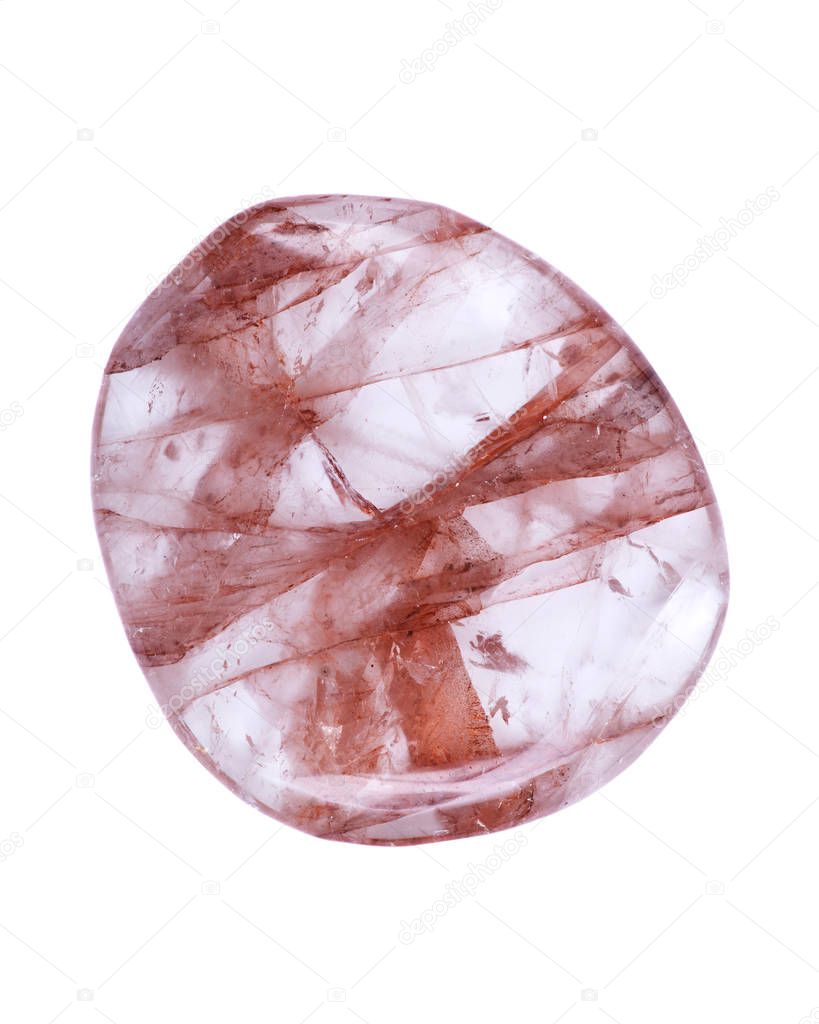 Polished quartz flat palm stone with red hematite inclusions from Madagascar, isolated on white background