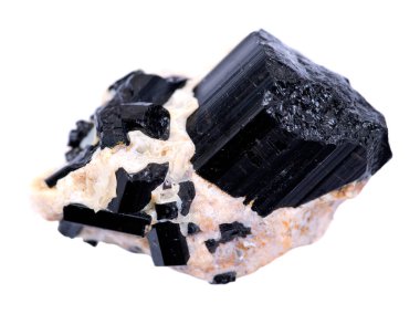 Siyah Tourmaline noktası ve bebekler Nestled feldspat gelen Brezilya, beyaz arka plan üzerinde izole