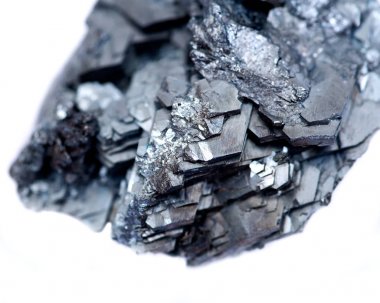 Benzersiz parlak metalik gri hematit oluşumu gelen beyaz arka plan üzerinde izole Utah, 