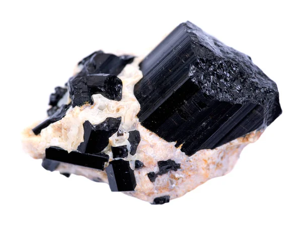 Black Tourmaline Point Babies Aninhado Feldspar Brasil Isolado Fundo Branco — Fotografia de Stock