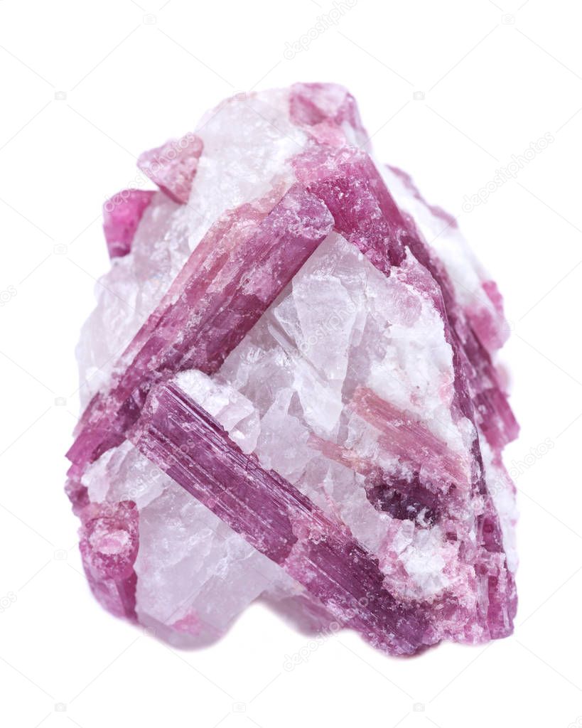 Rough white quartz studded with pink tourmaline crystals, from Brazil isolated on white background