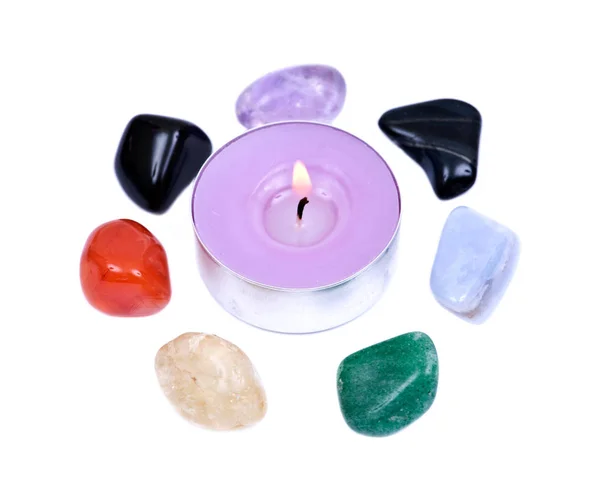 Lavender Tea Light Candle Surrounded Set Seven Healing Chakra Stones — Stock Photo, Image