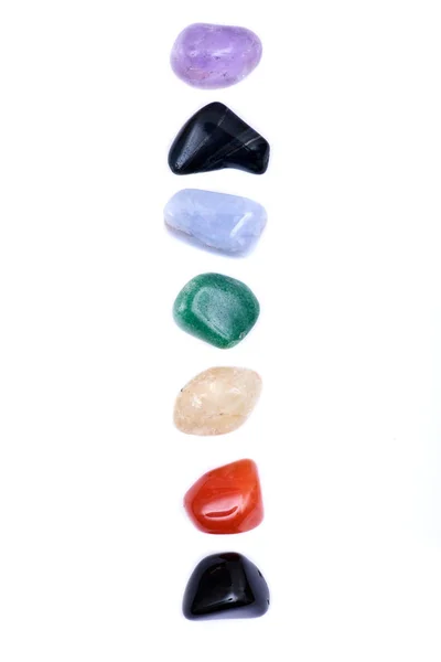 Набор Семи Целебных Камней Чакры Исцеления Кристаллов Изолированных Белом Фоне — стоковое фото