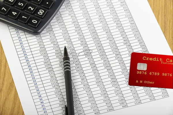 Red credit card laying on a spreadsheet with a calculator — Stock Photo, Image