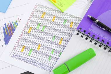 Yeşil vurgulayıcı ve bir elektronik tabloya döşeme not defteri