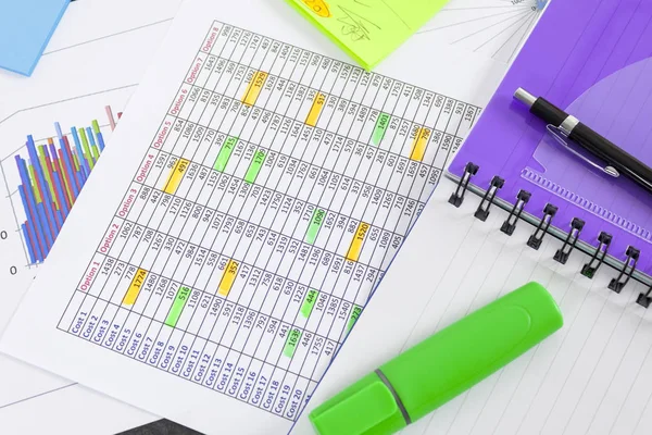 Yeşil vurgulayıcı ve bir elektronik tabloya döşeme not defteri