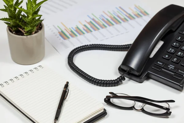 Accountants desk showing a graph, phone a cactus plant — Stock Photo, Image