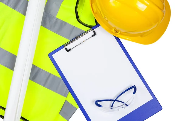 Saftey hi vis vest and hard hat with a clipboard and glasses — Stock Photo, Image