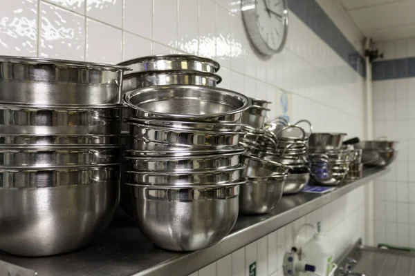 Stainless steel kitchen ware in an industrial kitchen