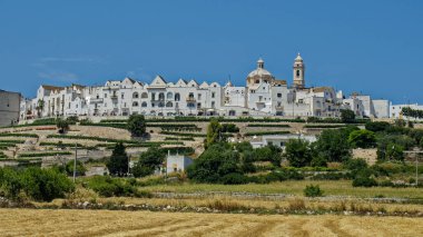 Muhteşem Alberobello şehri. Konik çatıları ve gizemli tabelaları olan Trulli evleri.
