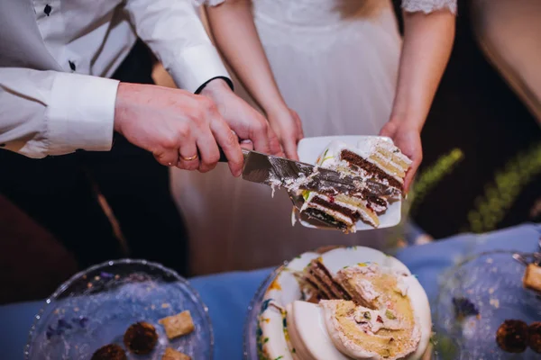 Sposa e sposo tagliano una torta nuziale — Foto Stock