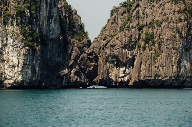 Deniz su, yeşil ağaçlar, doğal dağ rock yüz cliff bir