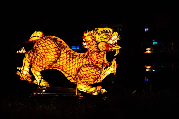 Glödande Dragon i bakgrunden ljus natt centrum, r — Stockfoto
