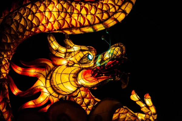 Glowing Dragon in the background lights of the night city, the r — Stock Photo, Image