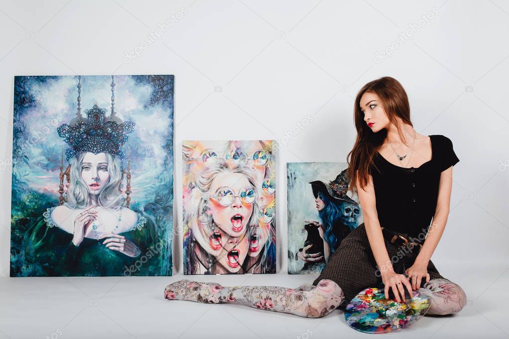 female artist at Picture canvas on white background. Girl painter with brushes and palette. Art creation concept.