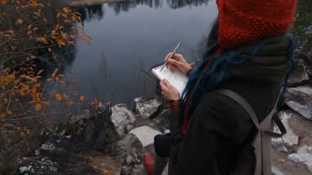 Kunstenaar meisje schilderij zittend op de rotsen bij de klif, Kladblok. Prachtige herfst weergave — Stockvideo