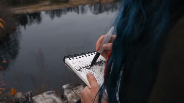 Artista chica pintura sentado en las rocas en el acantilado, bloc de notas. Maravillosa vista otoño — Vídeo de stock