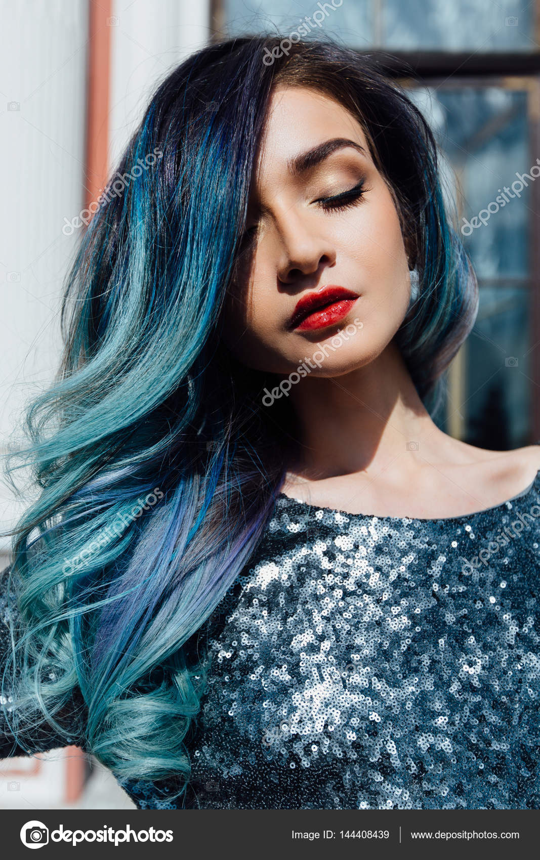 Fashion Portrait Of Gorgeous Girl With Blue Dyed Hair Long The