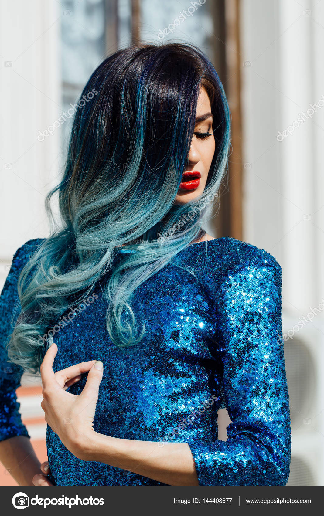 Fashion Portrait Of Gorgeous Girl With Blue Dyed Hair Long The
