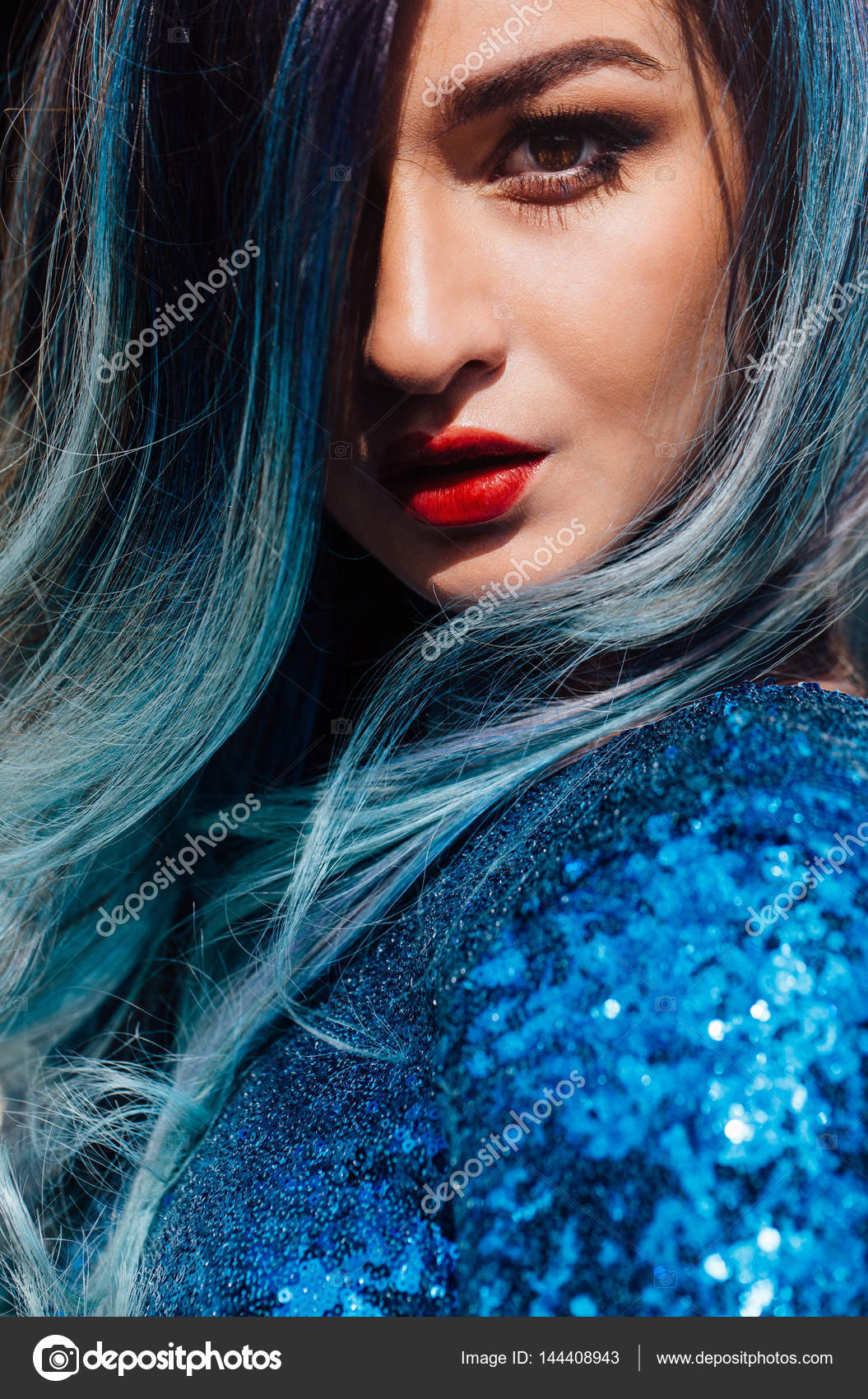Fashion Portrait Of Gorgeous Girl With Blue Dyed Hair Long The