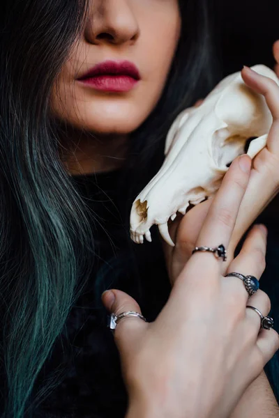 Portrait of a young girl holding a mysterious skull in the hands of a fox. Painted long hair. — Stock Photo, Image