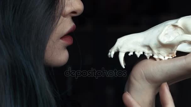 神秘的年轻女巫低声诅咒和一只狐狸的手里拿着一个骷髅头的咒语. — 图库视频影像